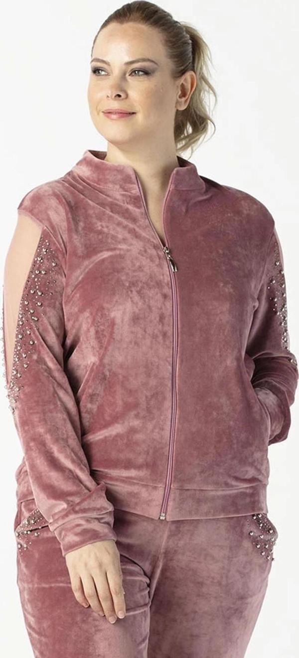 1950 Kolları Taşlı Tam Kalıp Tarz Kadife Büyük Beden Eşofman Takım Pembe - Image 1