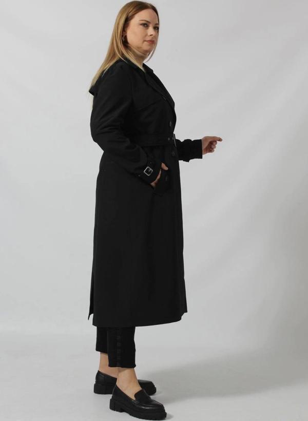 Dizaltı Düğmeli Kuşaklı Trençkot Siyah - Image 1