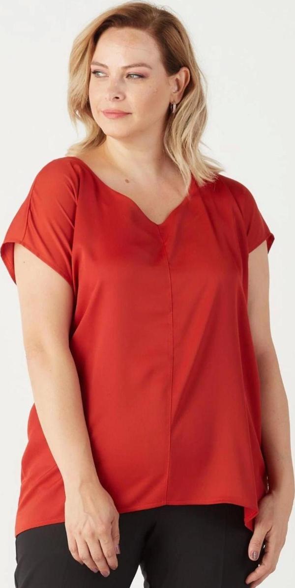 3203 Saten V Yaka Kısa Kollu Büyük Beden Şık Bluz tarçın - Image 1