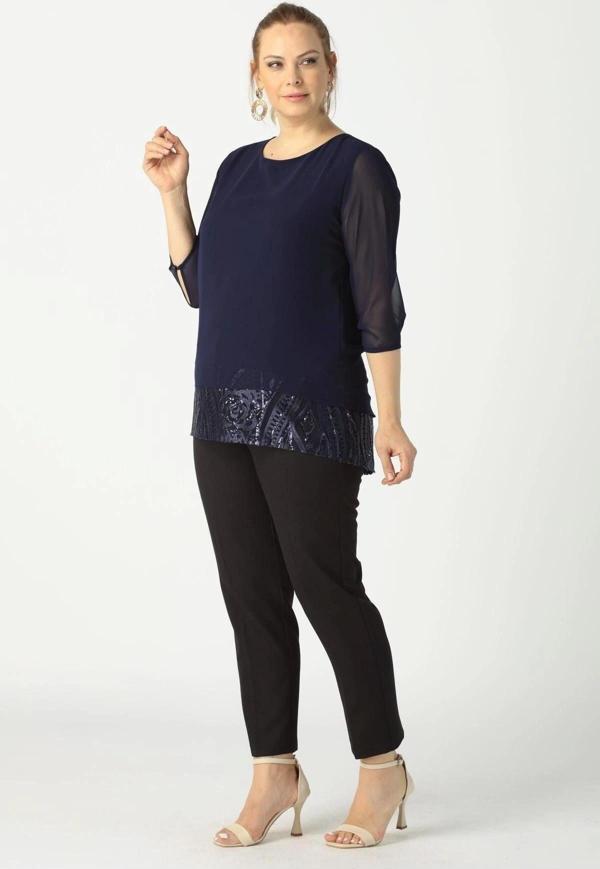 4046 Şifon Payet Dantel Kombinli Büyük Beden Şık Bluz Lacivert - Image 1