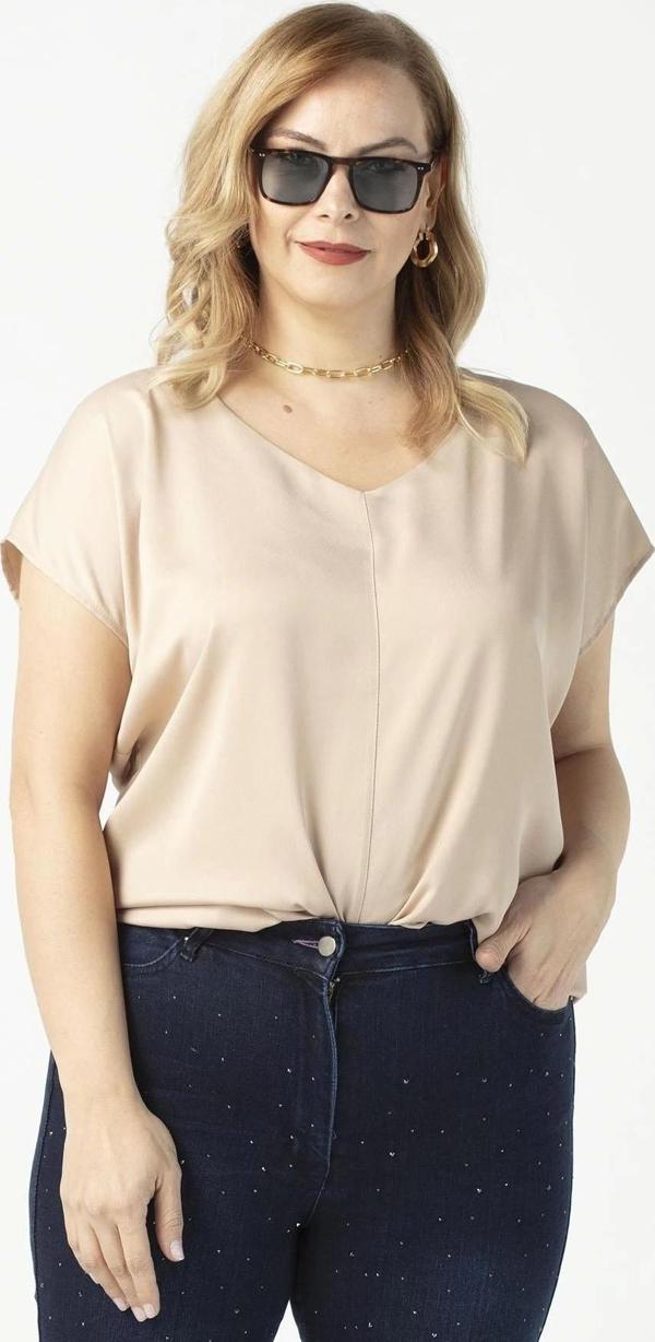 3203 Saten V Yaka Kısa Kollu Büyük Beden Şık Bluz Vizon - Image 1