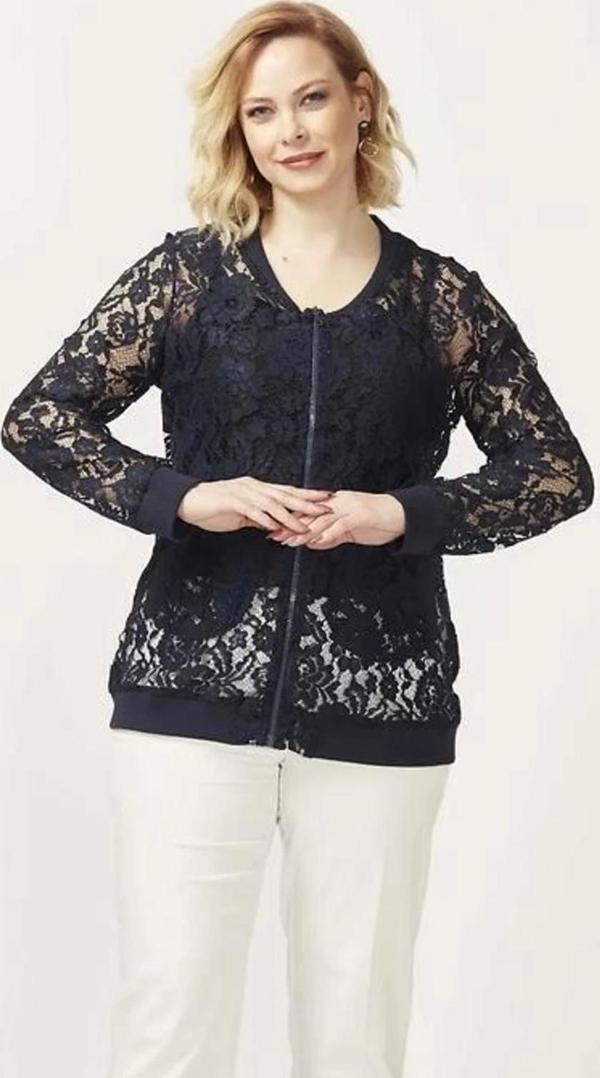 4030 Dantel Fermuarlı Büyük Beden Ceket Lacivert - Image 1