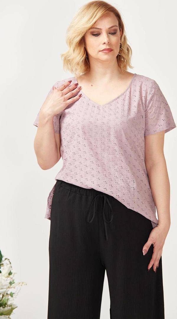 3204 Fistolu Kısa Kollu Büyük Beden Şık Bluz Lila - Image 1