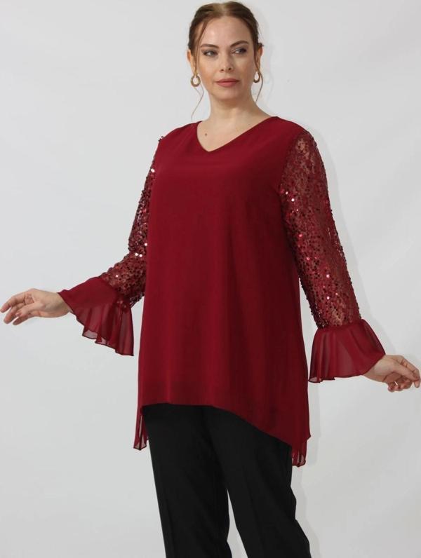 1939 Bordo Kolu Pullu Şifon Büyük Beden Şık Bluz - Image 1