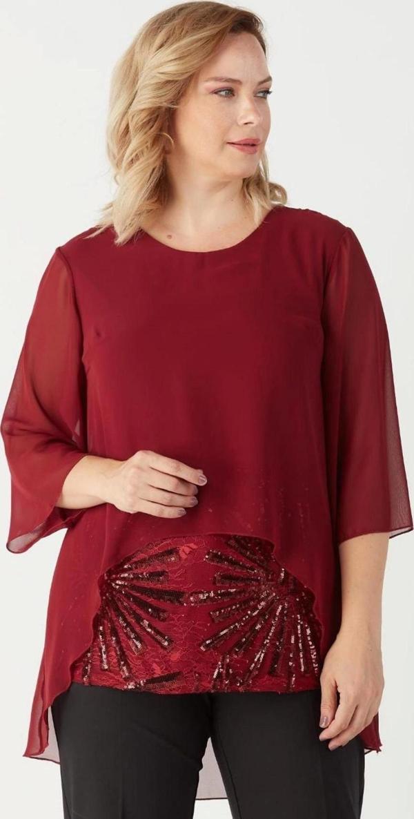 4047 Bordo Şifon -payet Dantel Kombinli Büyük Beden Bluz - Image 1