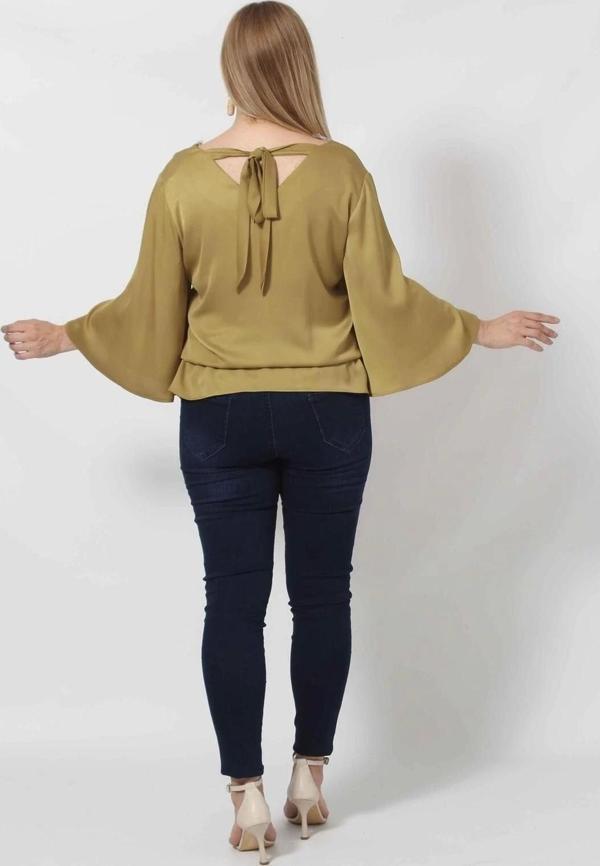 3183YY YAĞ YEŞİLİ Beli Lastikli Bol Kol Bluz - Image 1