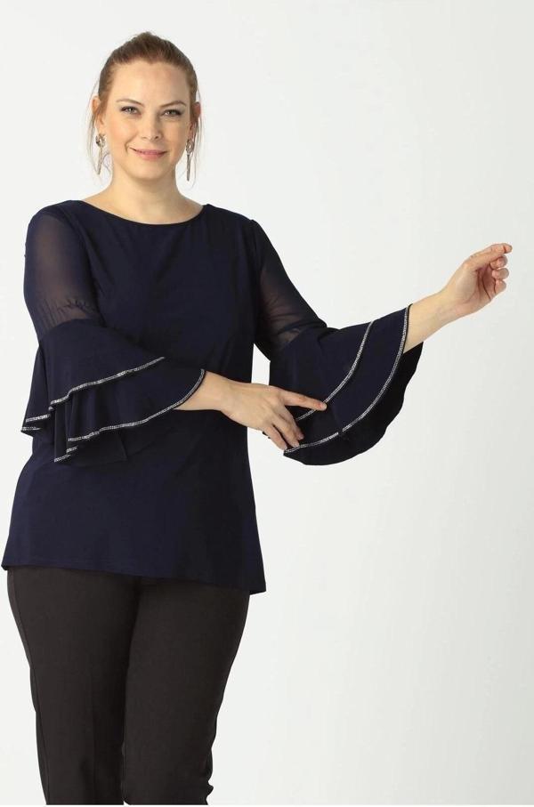 4043 Lacivert Kolları Volanlı Esnek Şık Taşlı Büyük Beden Bluz - Image 1