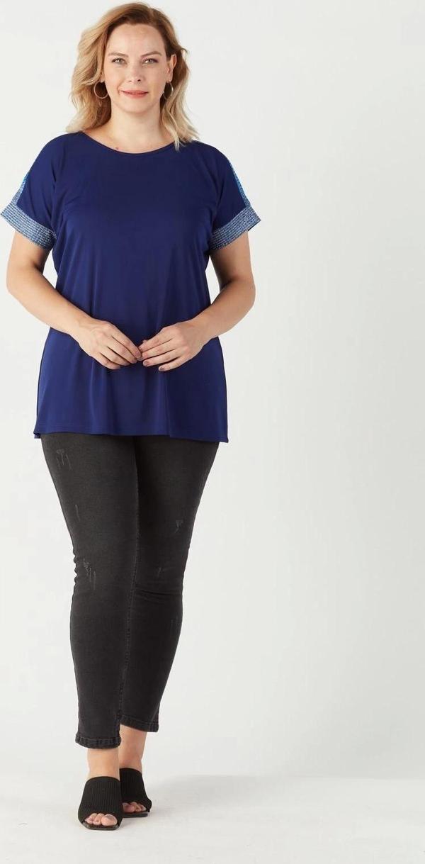 3236 Parlak Omuz Detaylı Esnek Büyük Beden Şık Bluz Lacivert - Image 1