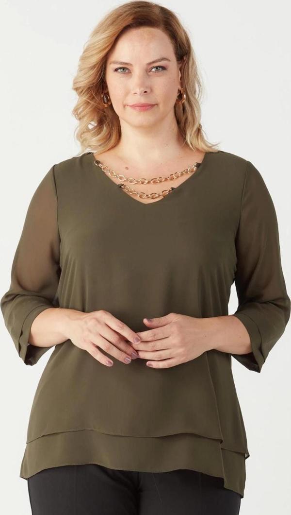 1935 Zincir Yakalı Şifon Büyük Beden Şık Bluz Haki - Image 1