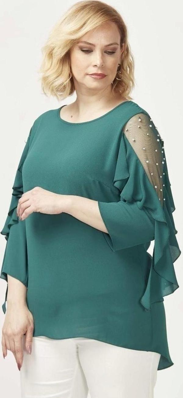 28004 Yeşil Kolları Incili Büyük Beden Bluz - Image 1