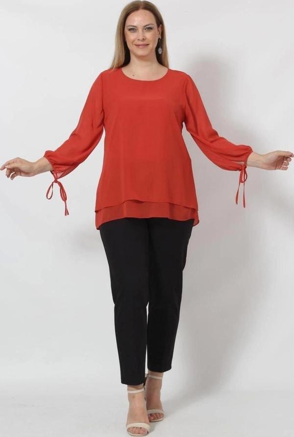 3243-1 Tarçın ucu bağlamalı şık bluz - Image 1