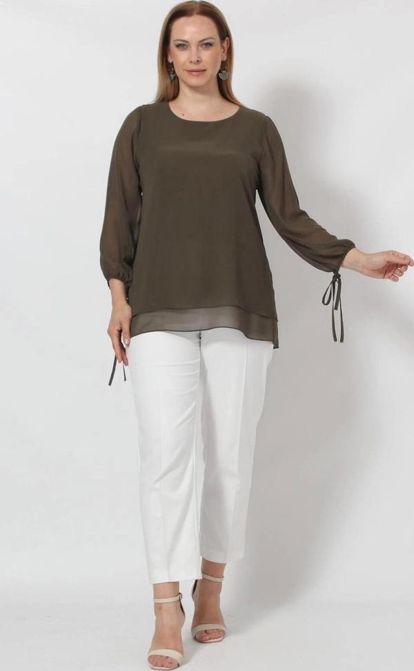 3243-1 Haki Kol Ucu Bağlama Detaylı Bluz - Image 1