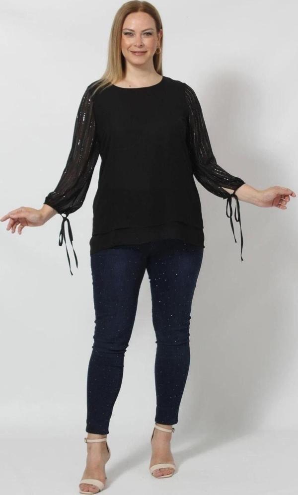 3243 Kolu Taş Baskılı Şık Bluz Siyah - Image 1