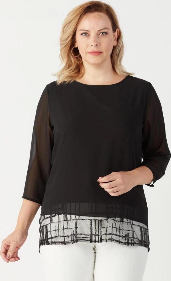 4046 Şifon Payet Dantel Kombinli Büyük Beden Şık Bluz Siyah - Image 1