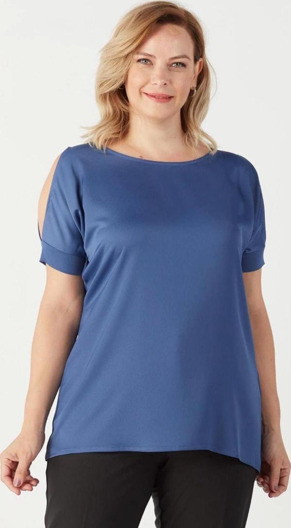 3235 Açık Omuz Detaylı Saten Büyük Beden Şık Bluz Beyaz - Image 1