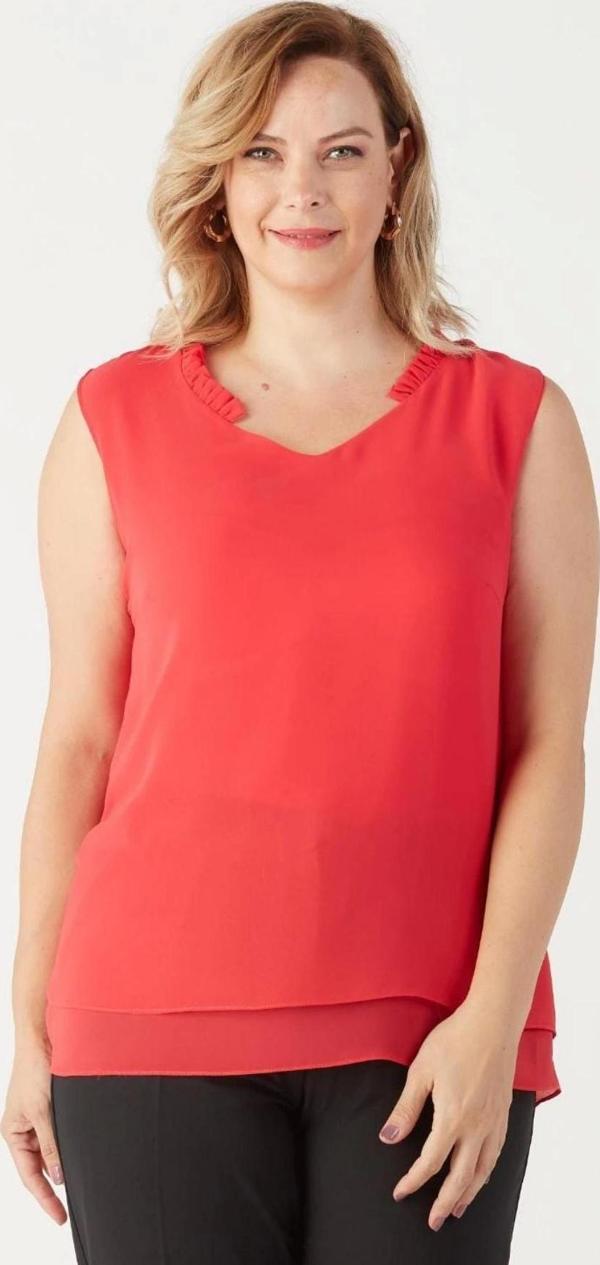 3241 Yaka Fırfırlı Kolsuz Büyük Beden Şık Bluz Nar Çiçeği - Image 1