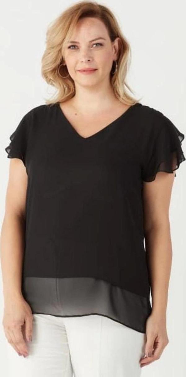 3249 Omuz Fırfırlı Şifon Büyük Beden Şık Bluz Siyah - Image 1