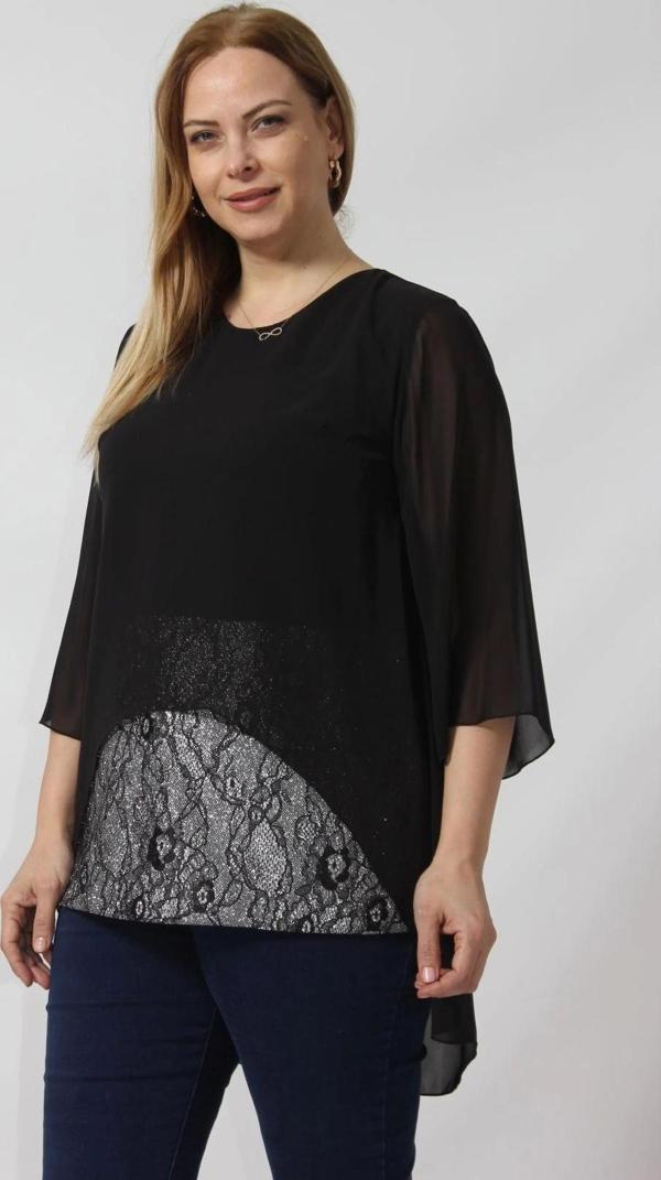 4048 Şifon -Simli Dantel Kombinli Büyük Beden Bluz Siyah - Image 1