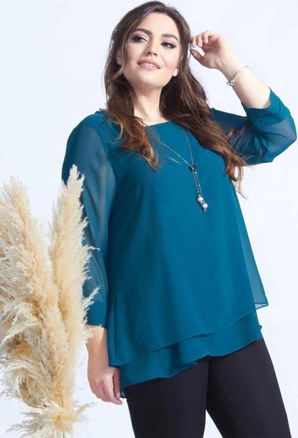 1934 Kolye Yakalı Şifon Büyük Beden Şık Bluz Petrol - Image 1