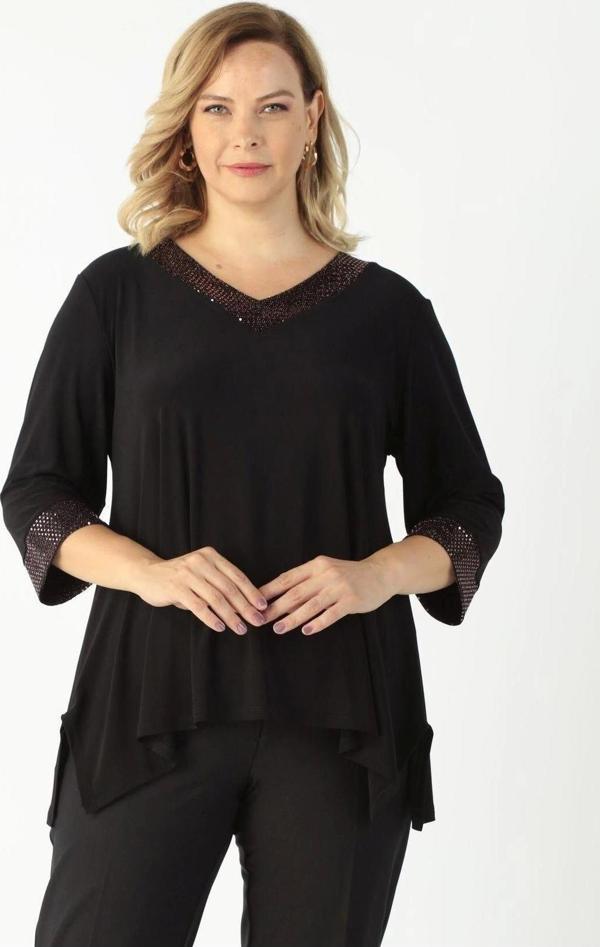 1931 Bakır Kol Ve Yaka Parlak Detay Büyük Beden Bluz - Image 1