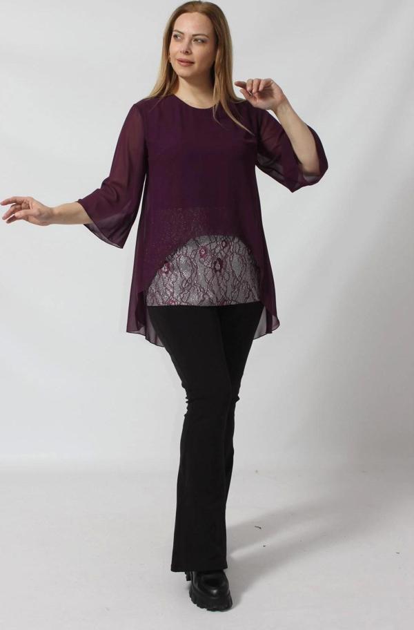 4048 Şifon -Simli Dantel Kombinli Büyük Beden Bluz Mürdüm - Image 1