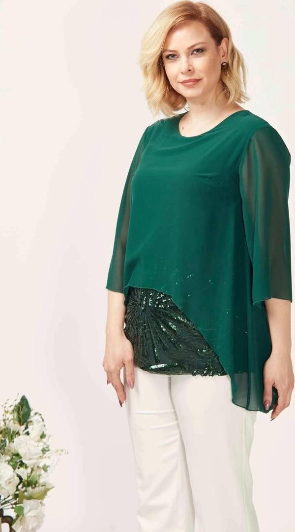 4047 Yeşil Şifon -payet Dantel Kombinli Büyük Beden Bluz - Image 1