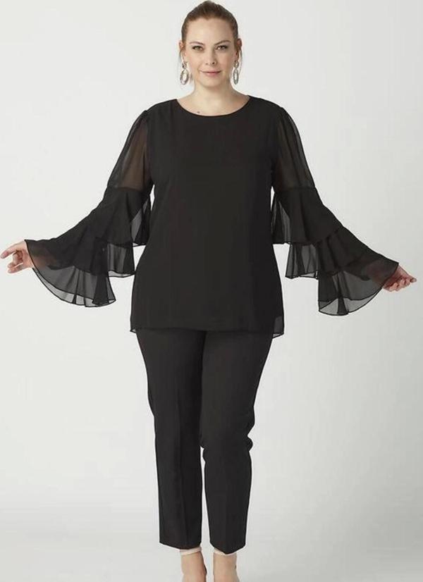 28009 Kolları Fırfırlı Büyük Beden Bluz Siyah - Image 1
