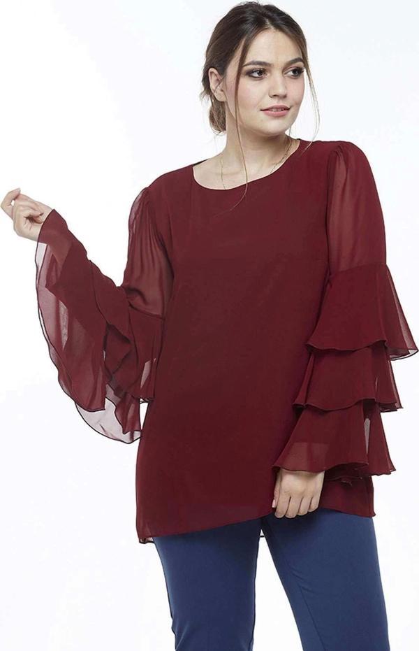 28009 Kolları Fırfırlı Büyük Beden Bluz Bordo - Image 1