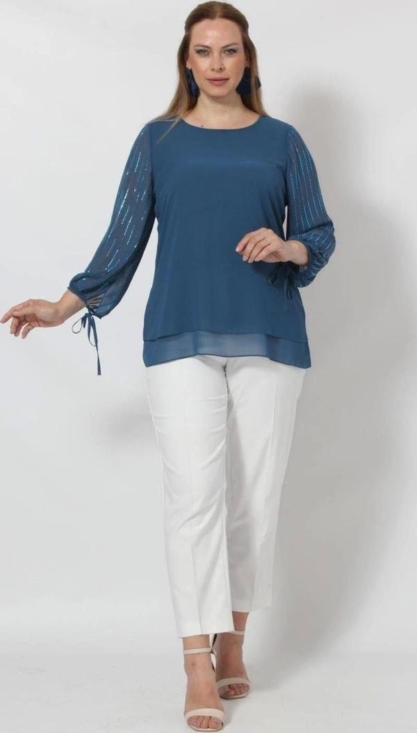 3243 Kolu Taş Baskılı Şık Bluz İndigo - Image 1