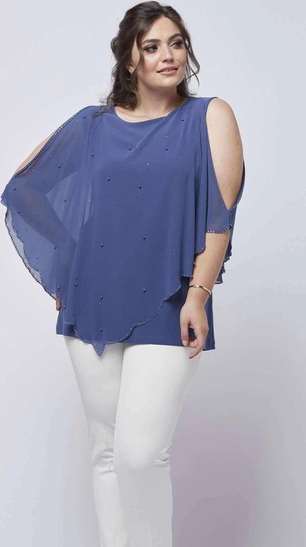 4050 Indigo Taşlı Pelerinli Şifon Büyük Beden Şık Bluz - Image 1