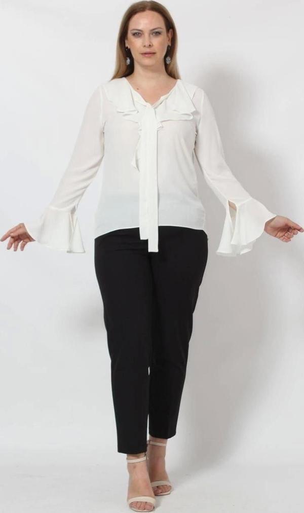 3241-5BE Beyaz İspanyol Kol Boyun Bağlama Detaylı Bluz - Image 1