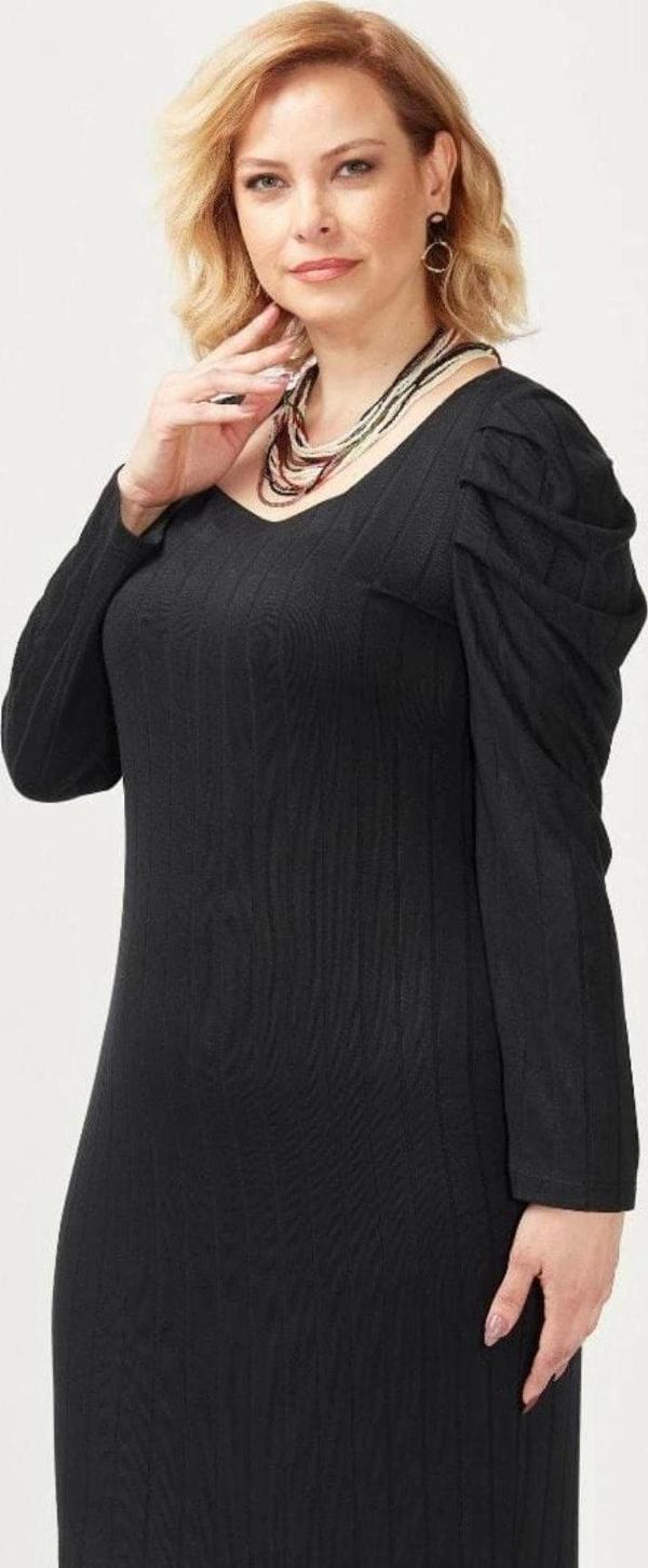 3228 Havalı Kol Büyük Beden Şık Triko Elbise Siyah - Image 1