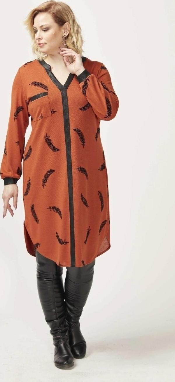 1956 Tarçın Tüy Desenli Uzun Kollu Esnek Büyük Beden Triko Elbise - Image 1