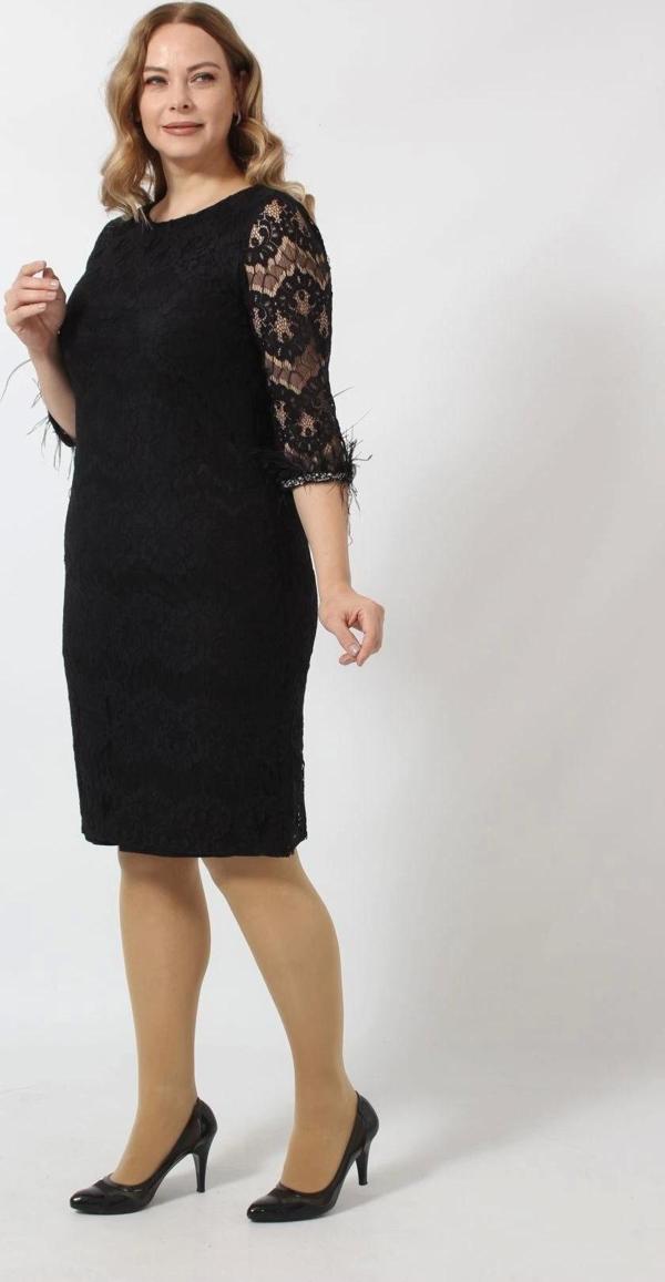 Kolları Tüy Detaylı Dantel Elbise Büyük Beden Kısa Abiye - Image 1