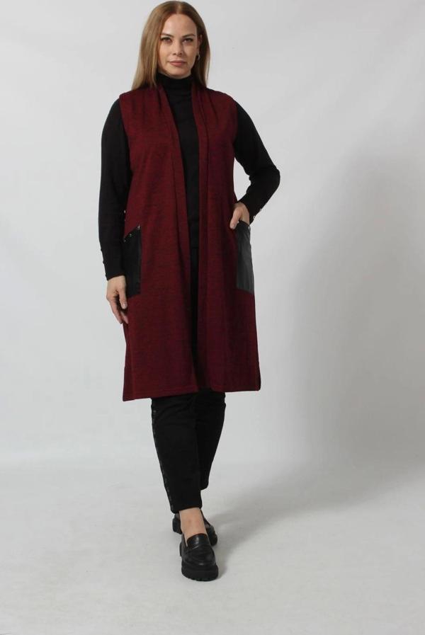 Deri Cep Detaylı Uzun Triko Yelek - Image 1