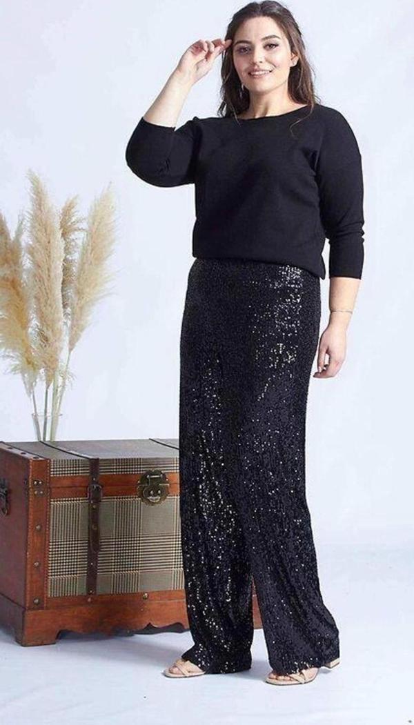 4024 Siyah Payetli Büyük Beden Pantolon - Image 1