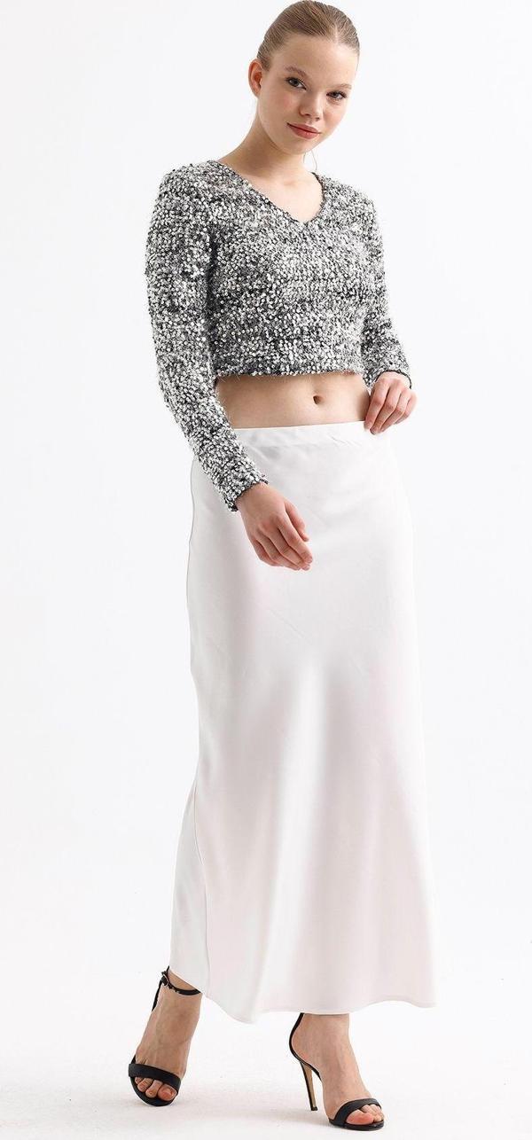 Sense Beli Lastikli Kaliteli Z. Saten Uzun Etek | Etk35736 Ekru - Image 1