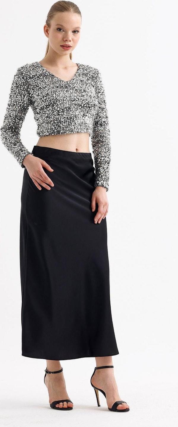 Sense Beli Lastikli Kaliteli Z. Saten Uzun Etek | Etk35736 Siyah - Image 1