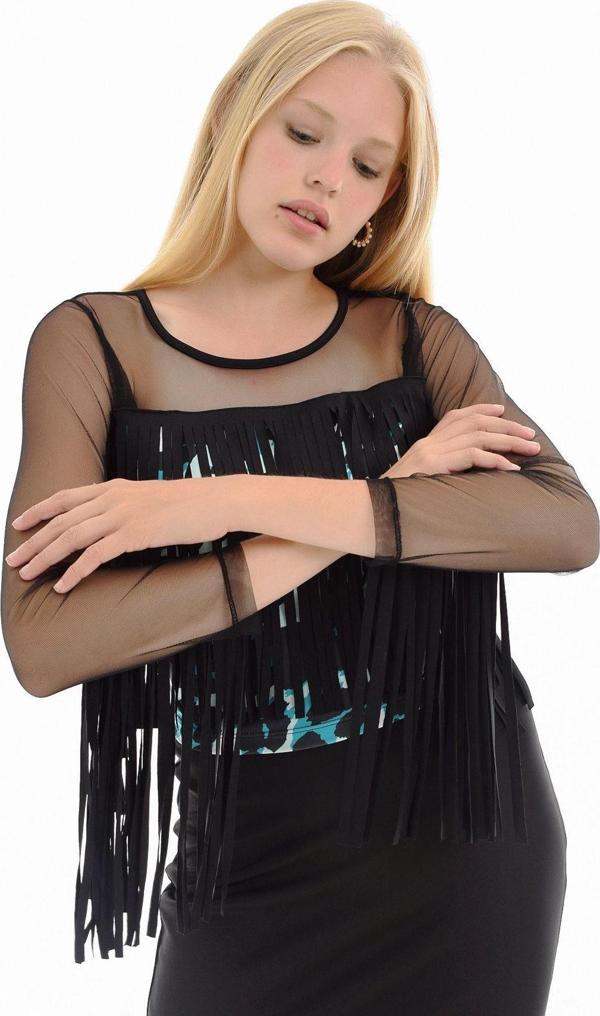 Sense Ön Ve Arka Roba Kollar File Ve Püskül Bluz | Blz31314 Turkuaz - Image 1