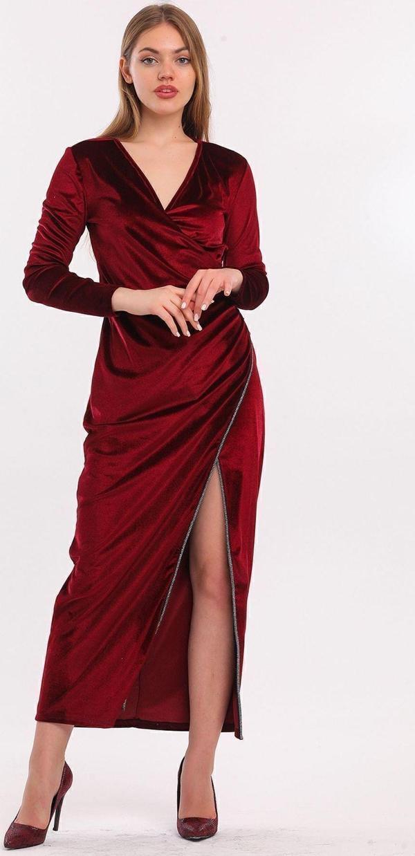 Sense Kruvaze Uzun Kol Kadife Uzun Abiye Elbise | Elb33852 Bordo - Image 1