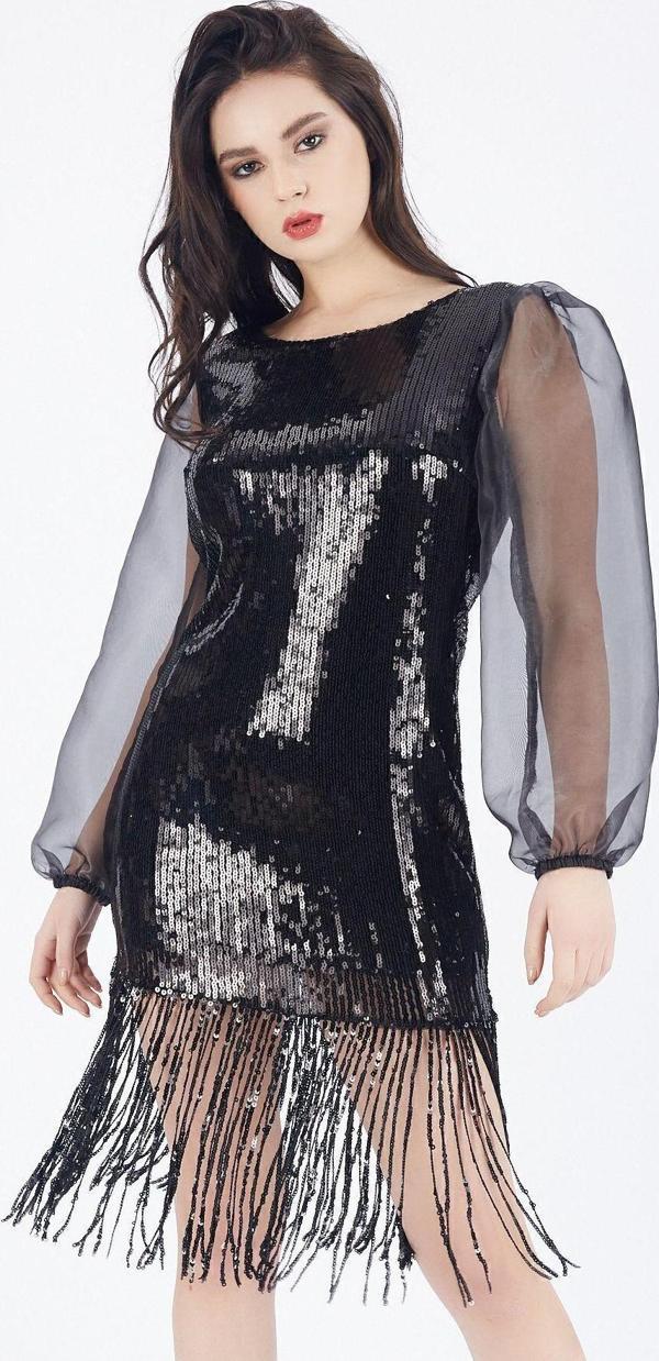 Sense Kolları Organze Payetli Abiye Elbise Siyah - Image 1