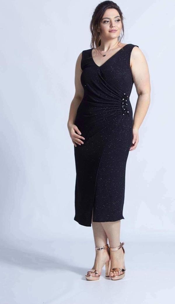 8005 Siyah Simli Esnek Kumaş Beli Işlemeli Büyük Beden Elbise - Image 1