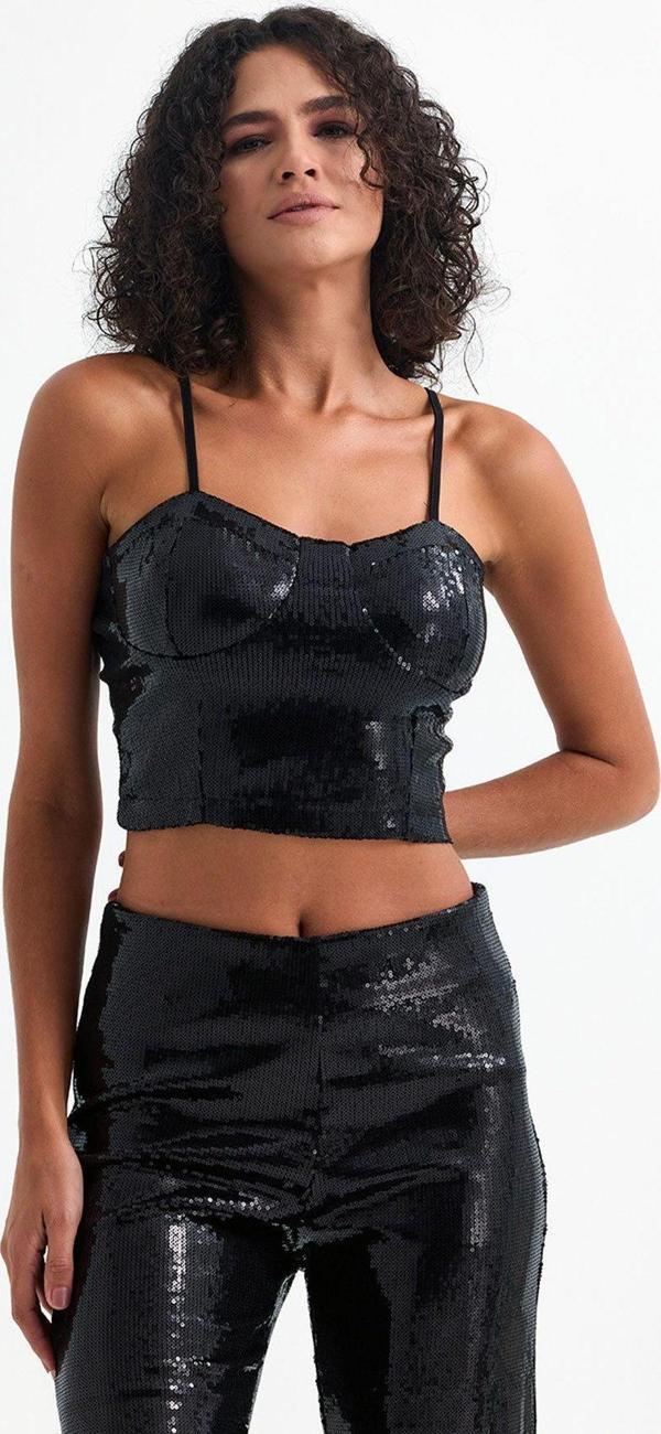 Sense Gloplu Fermuarlı Pul Payet Bustiyer | Bus32675 Siyah - Image 1