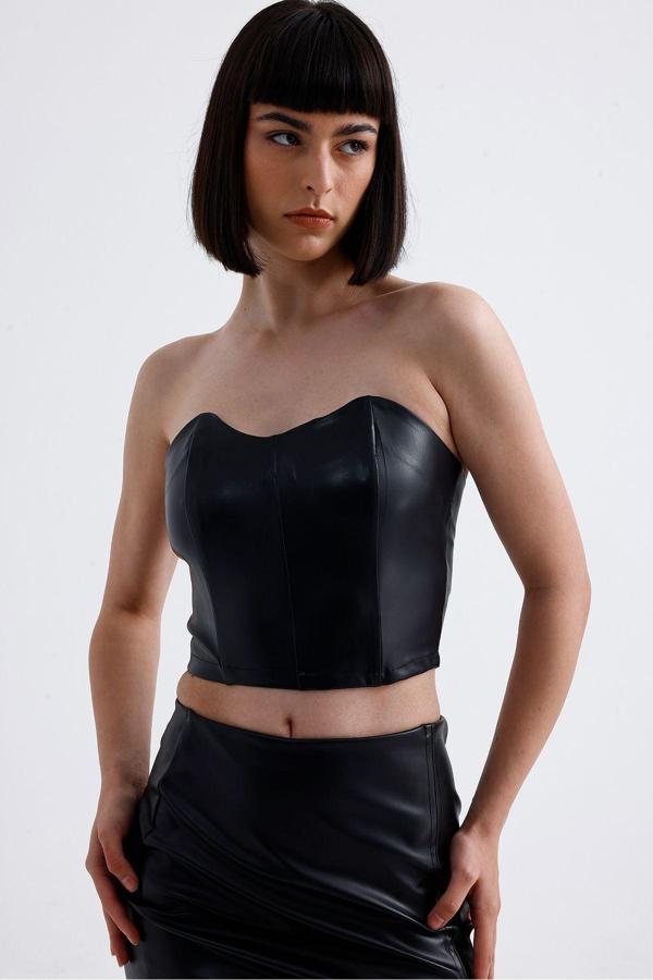 Sense Fermuarlı Suni Deri Büstiyer | Bust34504 Siyah - Image 1