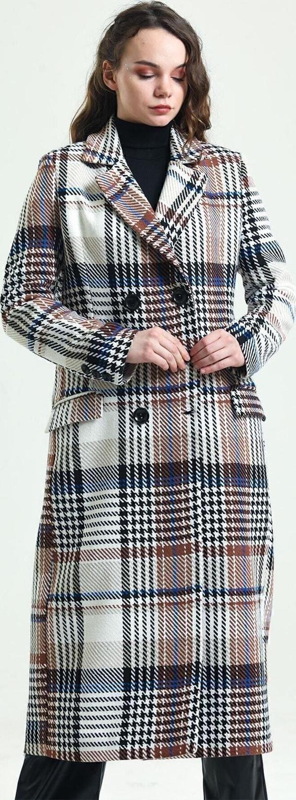 Sense Astarlı Desenli Uzun Kaban | Kbn34176 Bej Ekose - Image 1