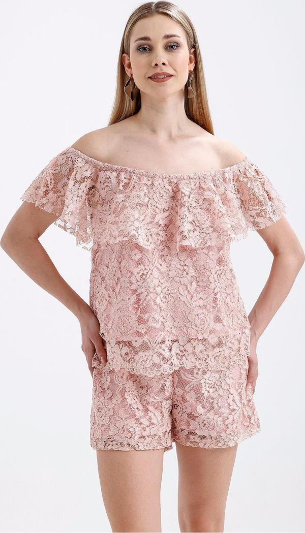 Sense Volan Detaylı Astarlı Dantel Bluz | Blz33454 Pudra - Image 1