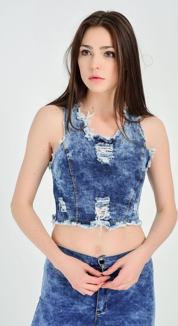 Sense Kolsuz Havuz Yaka Sırtı Fermuarlı Yırtık Kot Bluz | Blz14744 Indigo - Image 1