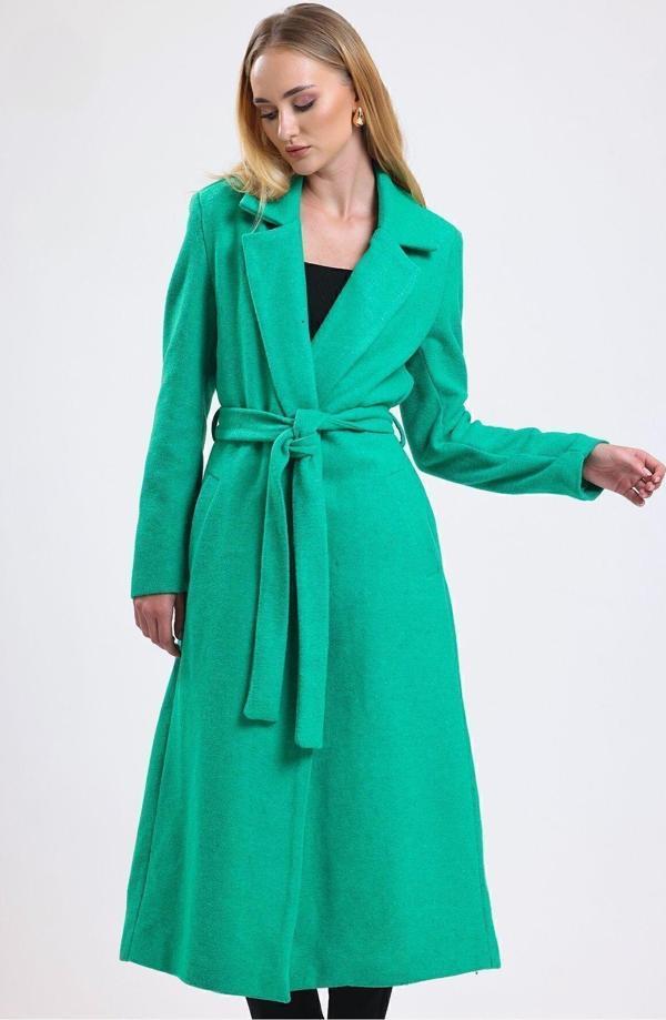 Sense Yırtmaç Detaylı Kuşaklı Uzun Kaşe Kaban | Kbn34637 Yesıl - Image 1