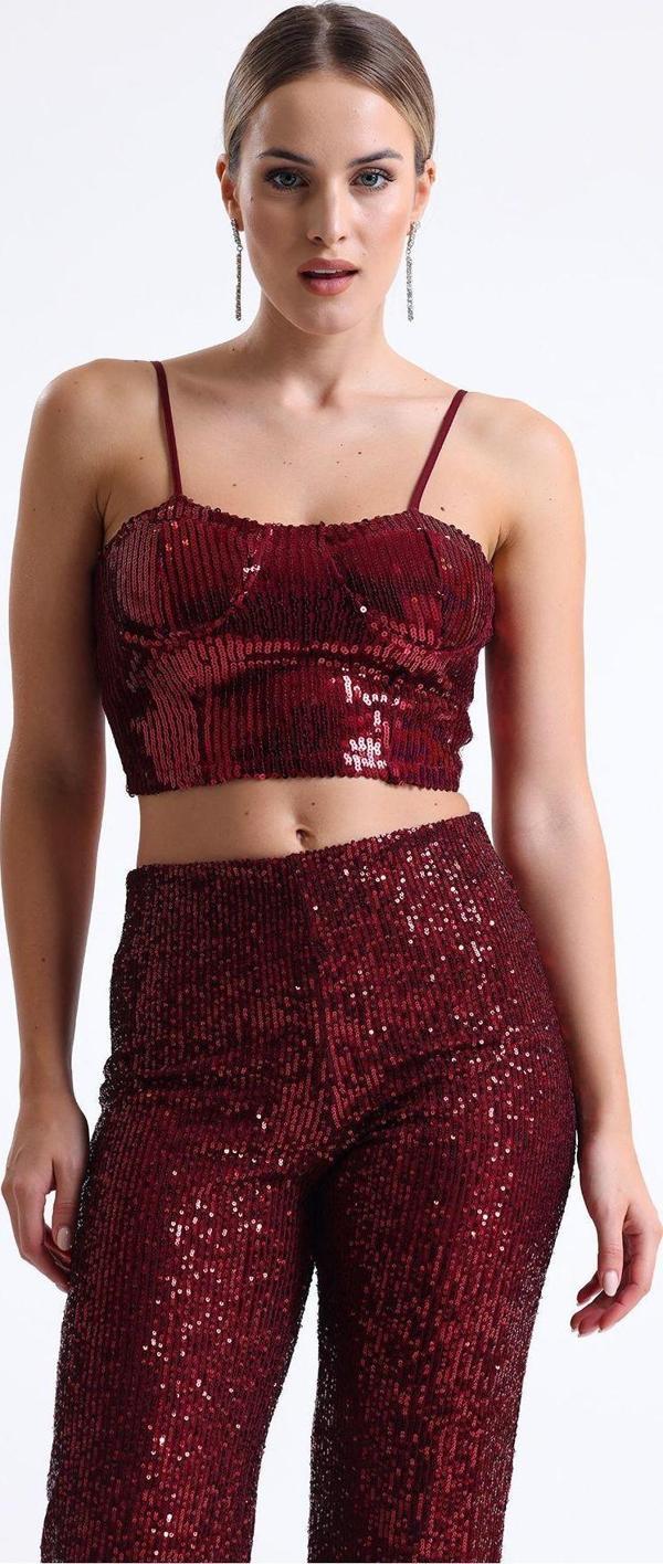 Sense Gloplu Arkası Fermuarlı Payet Bustiyer Bst33154 Bordo - Image 1