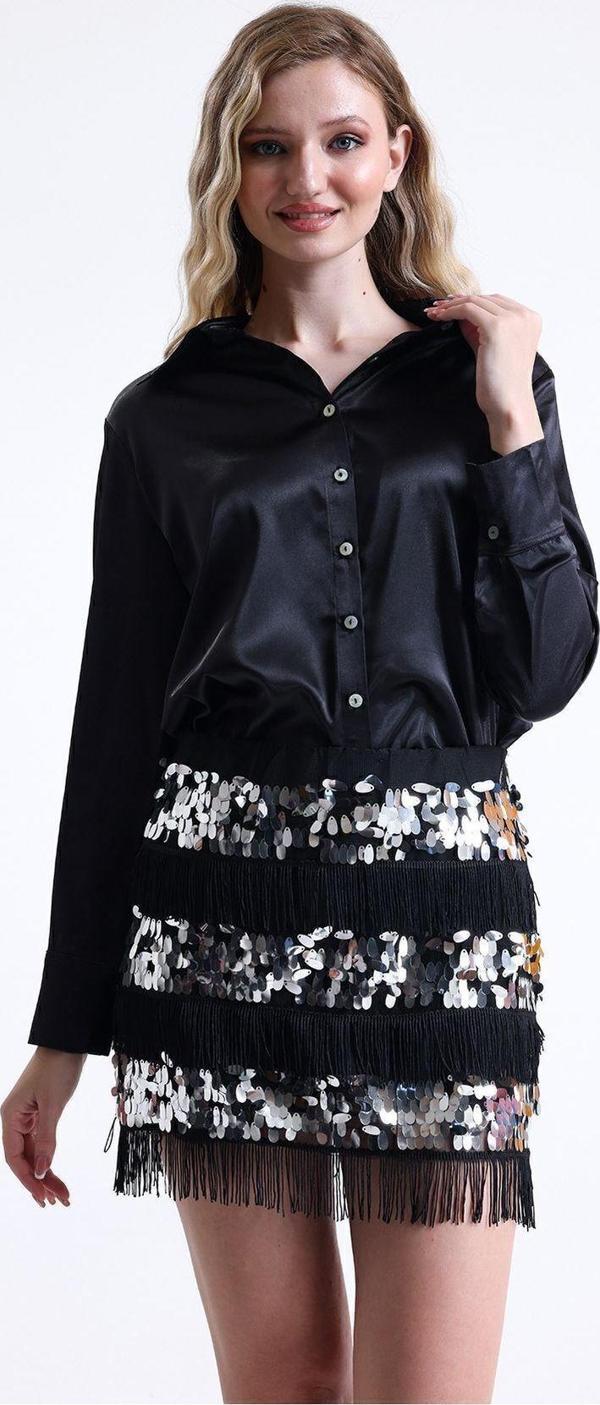 Sense Pul Ve Püskül Detaylı Büyük Beden Abiye Mini Etek | Etk34438 Siyah - Image 1